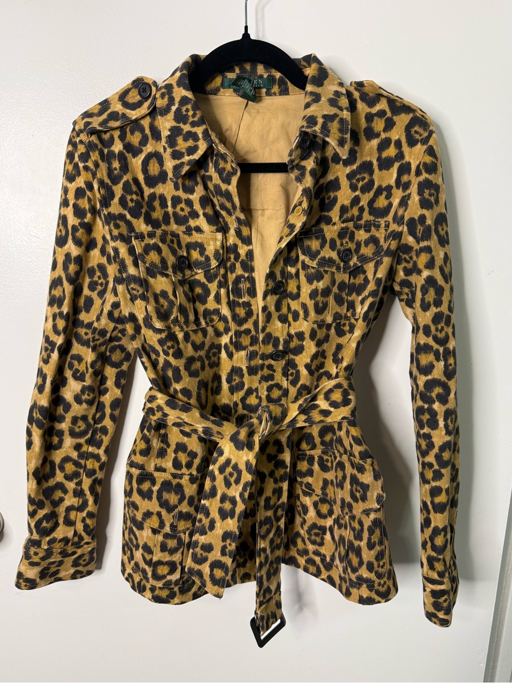 Ralph Lauren Animal Print Safari Utility Jacket Belted Linen Cotton Blend Preppy